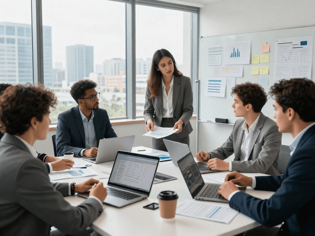 Professionals bespreken zakelijk krediet in een moderne kantooromgeving met financiële documenten en laptops.