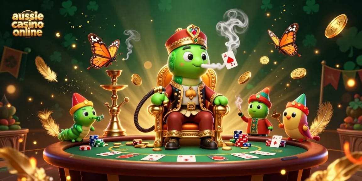 Engage with the vibrant vibes of aussie casino online featuring a whimsical hookah-master amidst poker excitement.