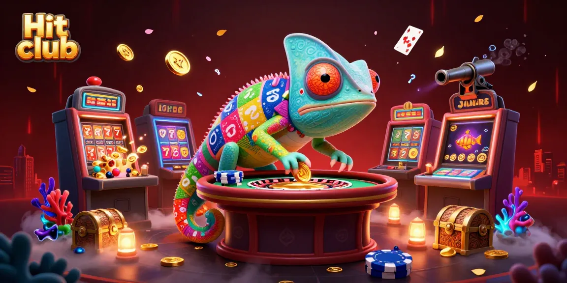 Experience thrilling action at Hit club with vibrant casino scenes featuring a dynamic chameleon owner.