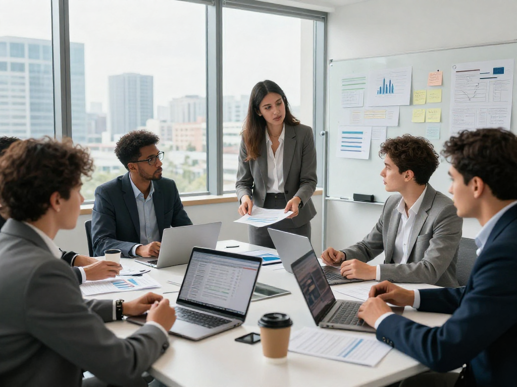 Professionals bespreken zakelijk krediet in een moderne kantooromgeving met financiële documenten en laptops.