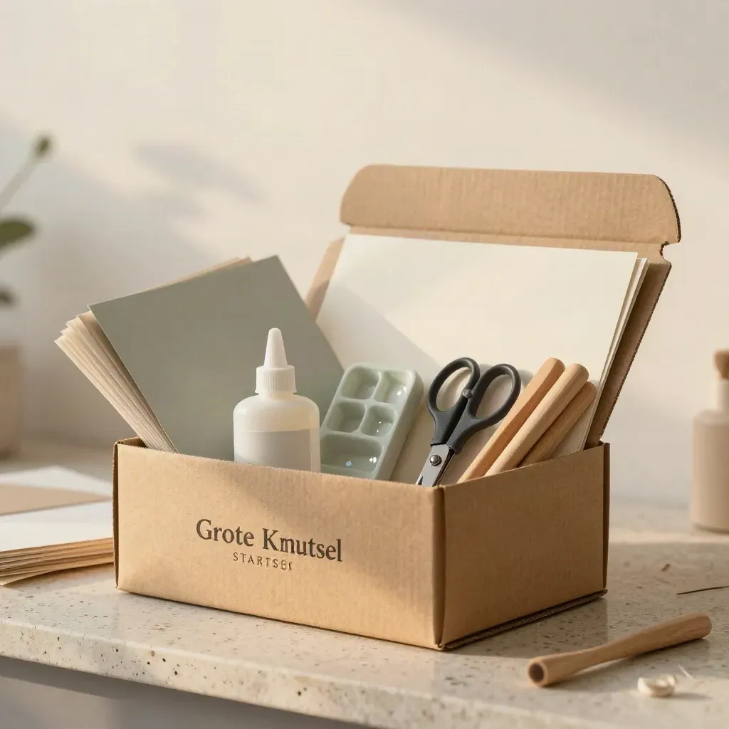 Open knutselstarterset met papier, lijm, schaar en kralen op een lichte steenplint.