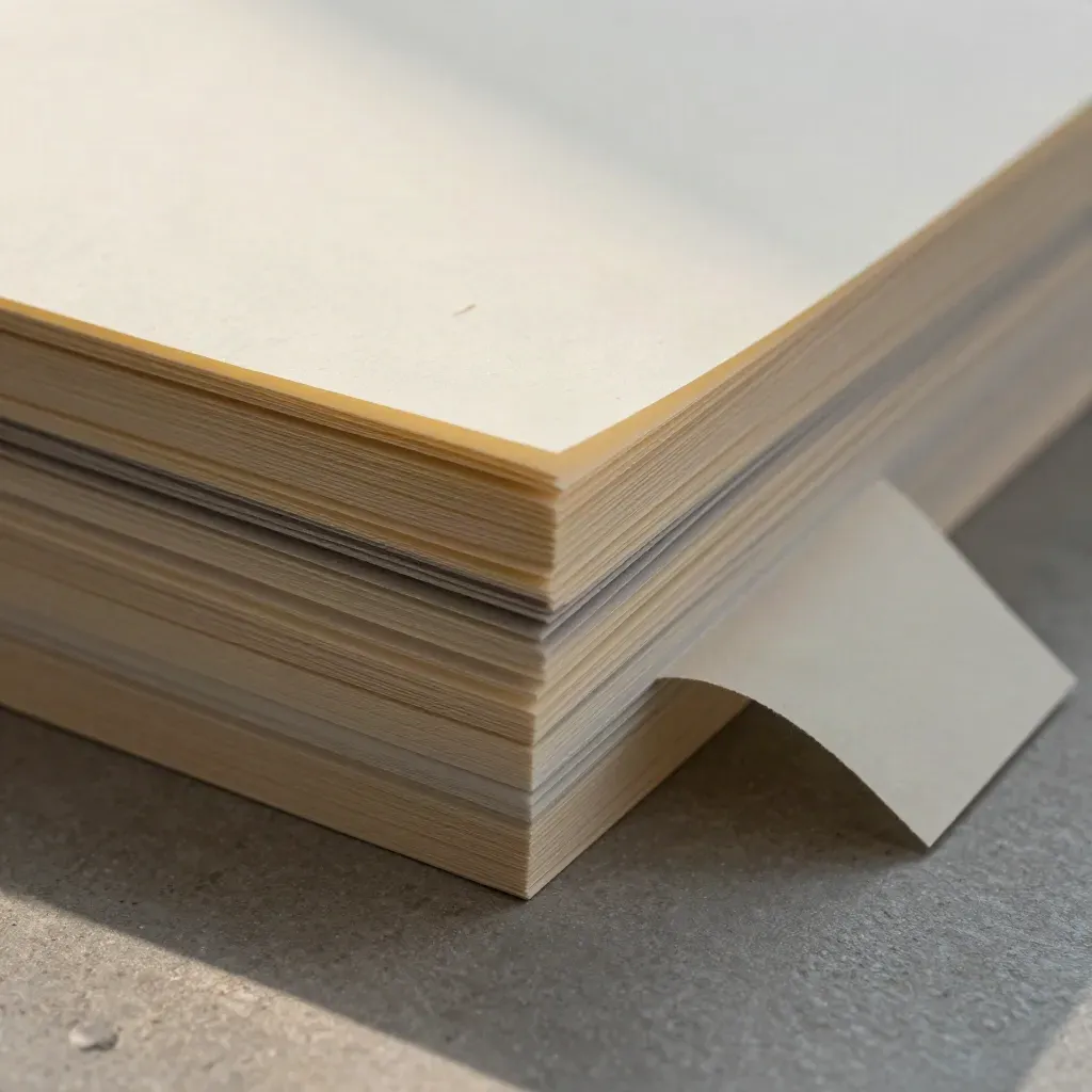 Fanned scrapbookpapiermix op lichtgrijze steen, met opengevouwen hoeken en proefstroken.