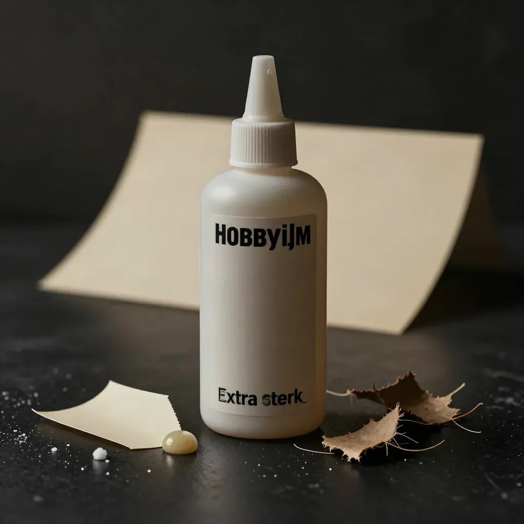Hobbylijm met lijmsporen, papierrestjes en foamstukjes op een donkere studio-ondergrond.