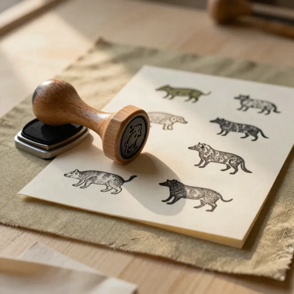 Houten dierstempels met inktkussen en proefafdrukken op een crèmekleurige ondergrond.