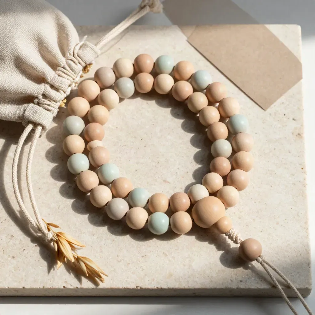 Pastel houten kralenset met elastiek en stoffen zakje op lichte steen, van boven gefotografeerd.
