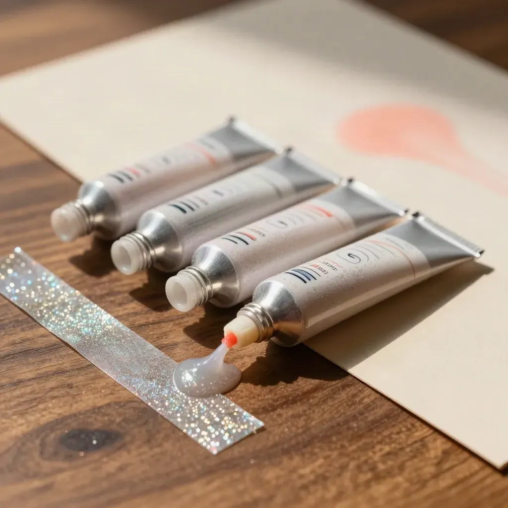 Macro van glitterlijmtubes, glansstrepen en proefkaart op een werkbank.