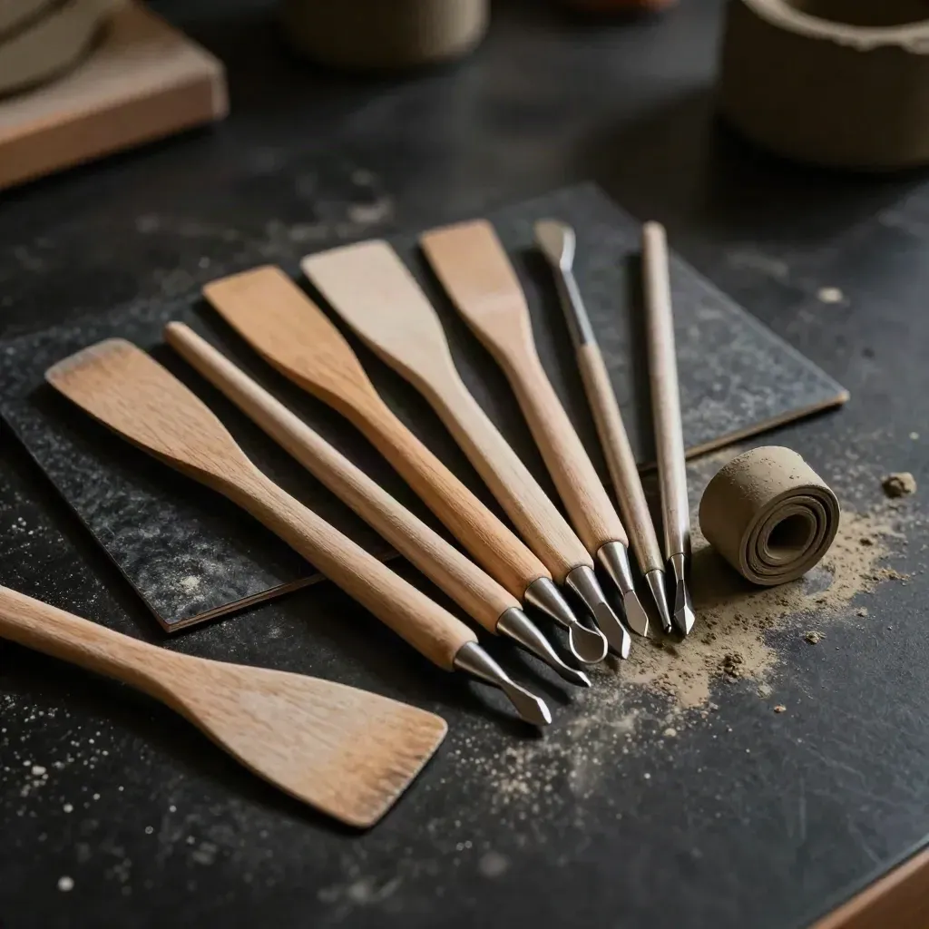 Boetseergereedschap met houten spatels, metalen tools en klei op donkere ondergrond.