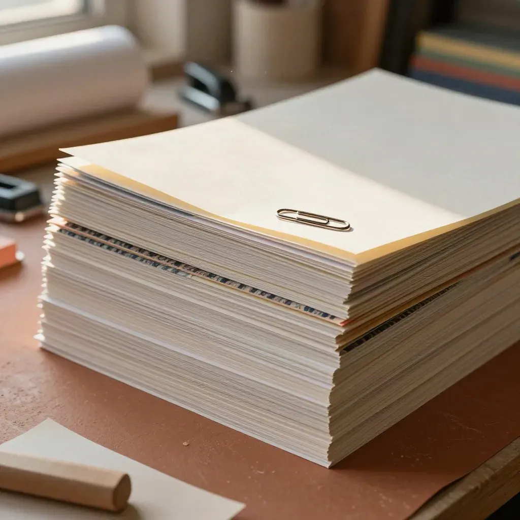 Scrapbookpapier in een waaierende stapel met paperclips op een warme crafterstafel.