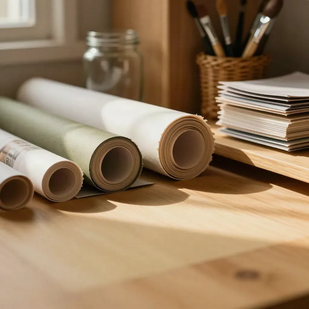 Warme knutselhoek met opgerolde papierrollen, glazen potten en rustig houten werkblad.