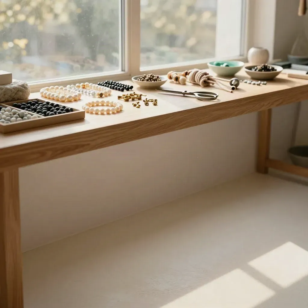 Lichte atelierruimte met kralen en sieradenmateriaal op een houten werkbank bij hoge ramen
