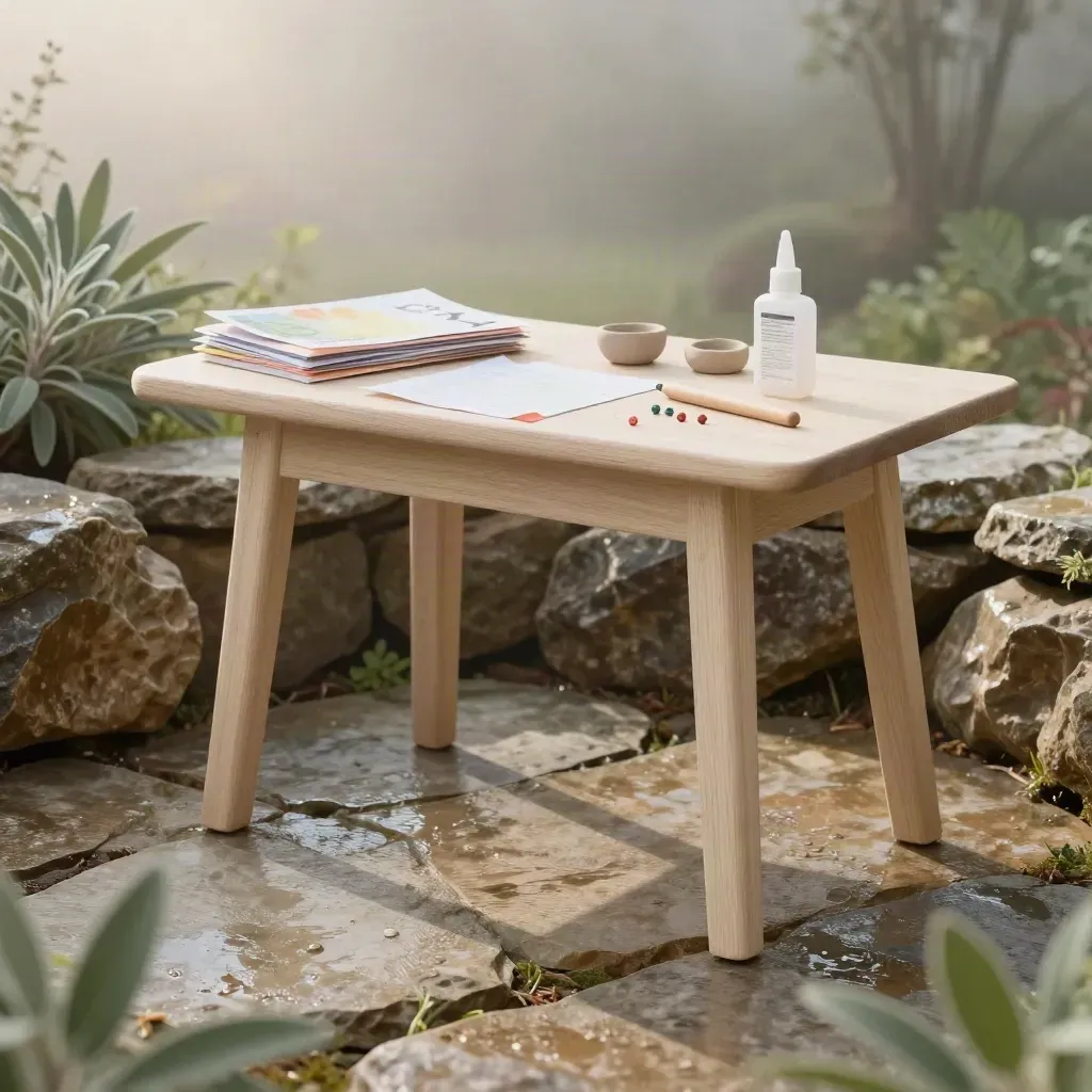 Stenen tuinhoek met houten tafel, knutselmaterialen hoog en rustige ruimte voor tekst