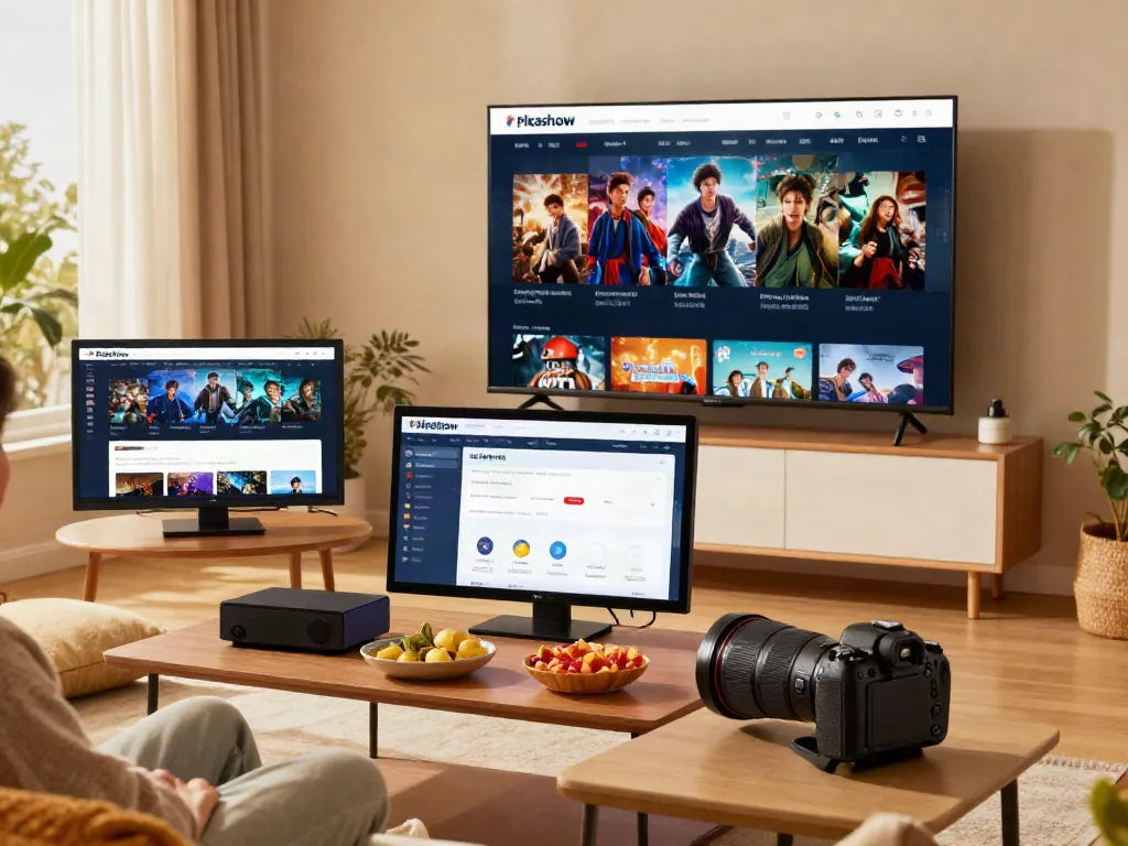 Person enjoying home entertainment with the Pikashow download page open on their smartphone, cozy living room setting.