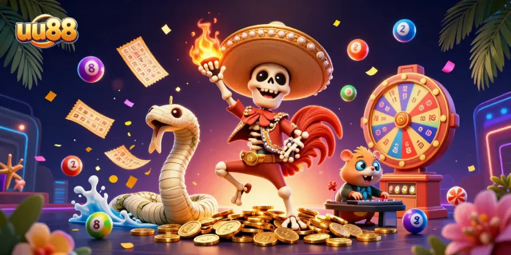 uu88 celebrates gaming excitement with vibrant characters and lottery elements.