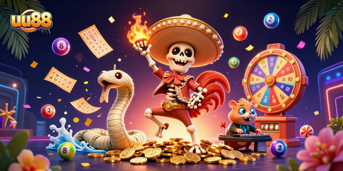 uu88 celebrates gaming excitement with vibrant characters and lottery elements.