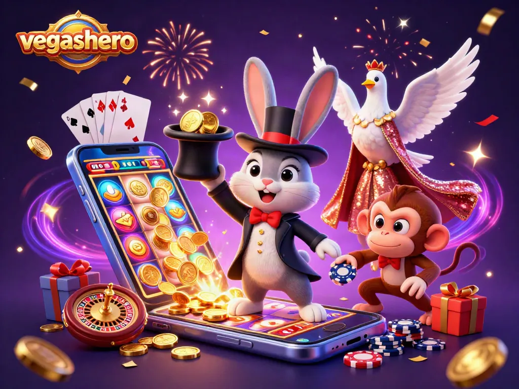 Vegashero showcases a 3D magician rabbit with golden coins and slot elements illustrating casino excitement.