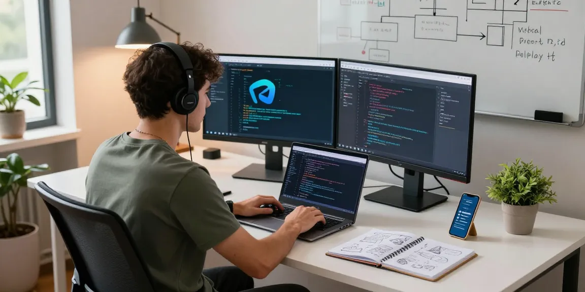 Programmer using the Telegram Web Version on dual monitors in a modern workspace.
