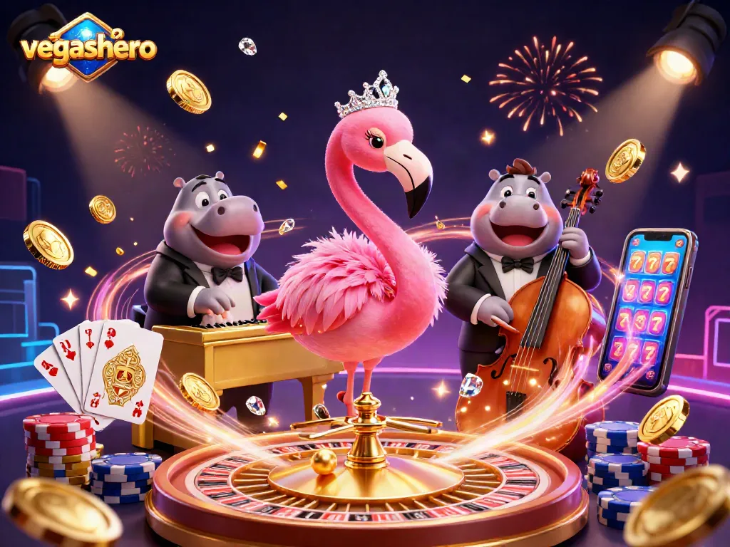Experience thrilling gameplay at VegasHero casino, featuring a vibrant 3D illustration of a flamingo singer and hippo bassist.